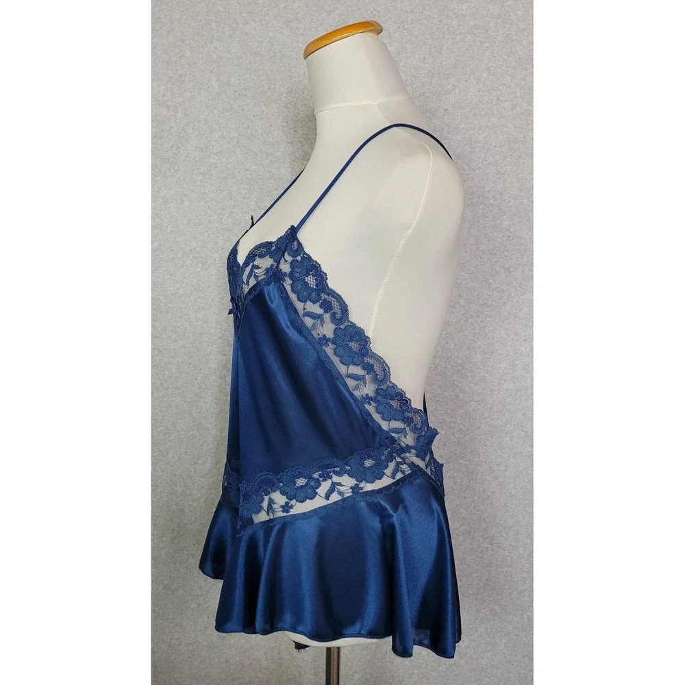 Petra Fashion Royal Blue Satin Lace Teddy Romper Open Back Large Made in USA